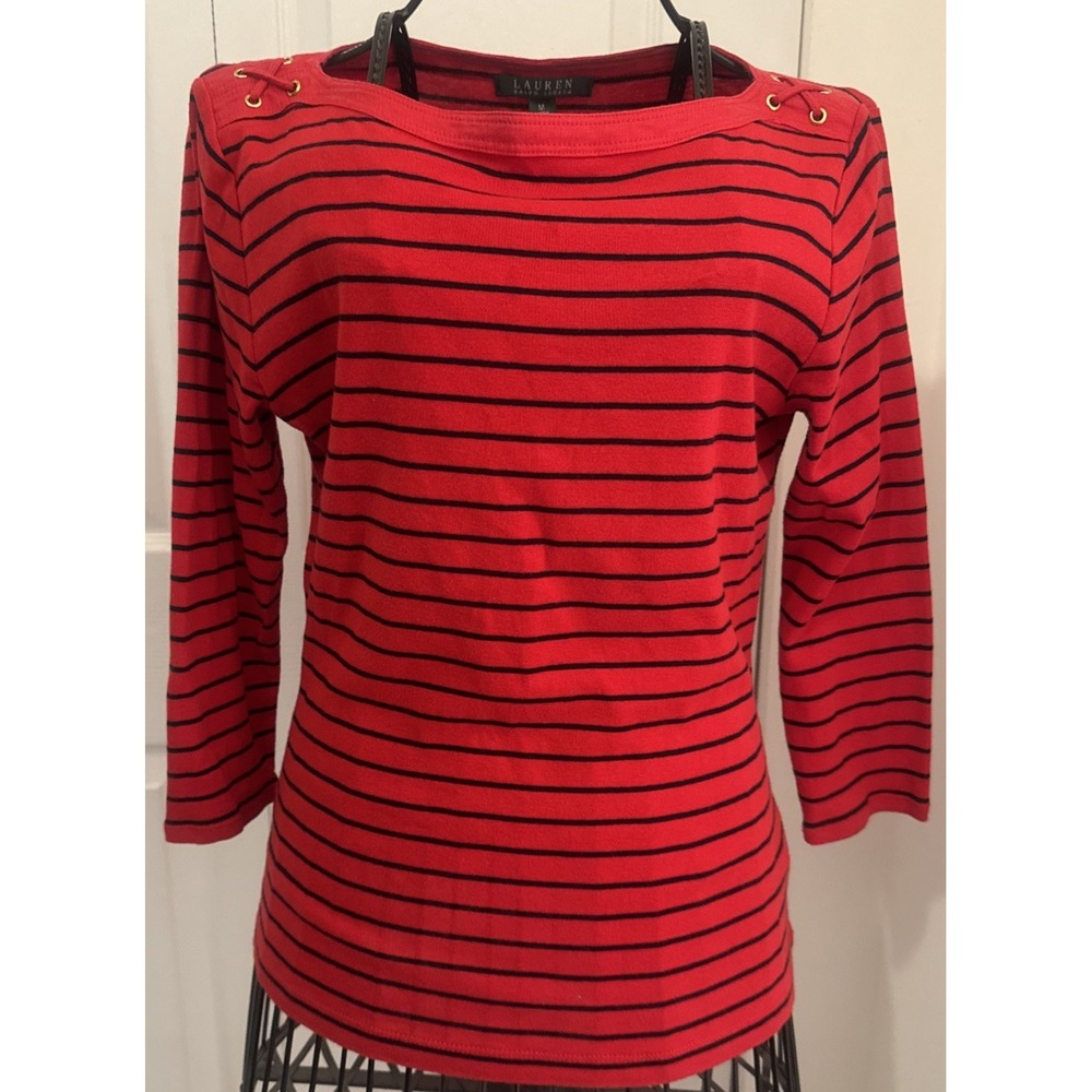 Lauren Ralph Lauren Women Sailor Red with Black Stripes Medium 3/4 sleeve